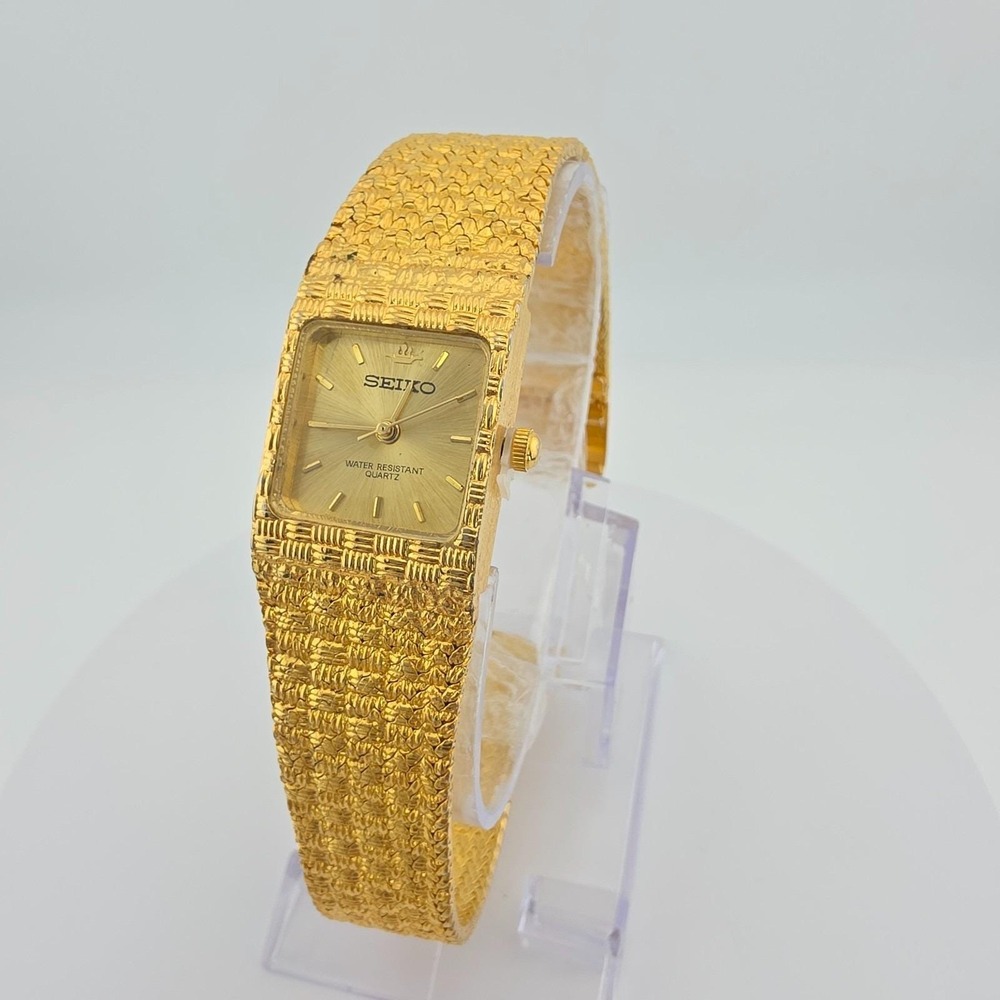 Vtg SEIKO Ladies Watch 18k Yellow Gold Plate Nugget Weave Bracelet New Battery